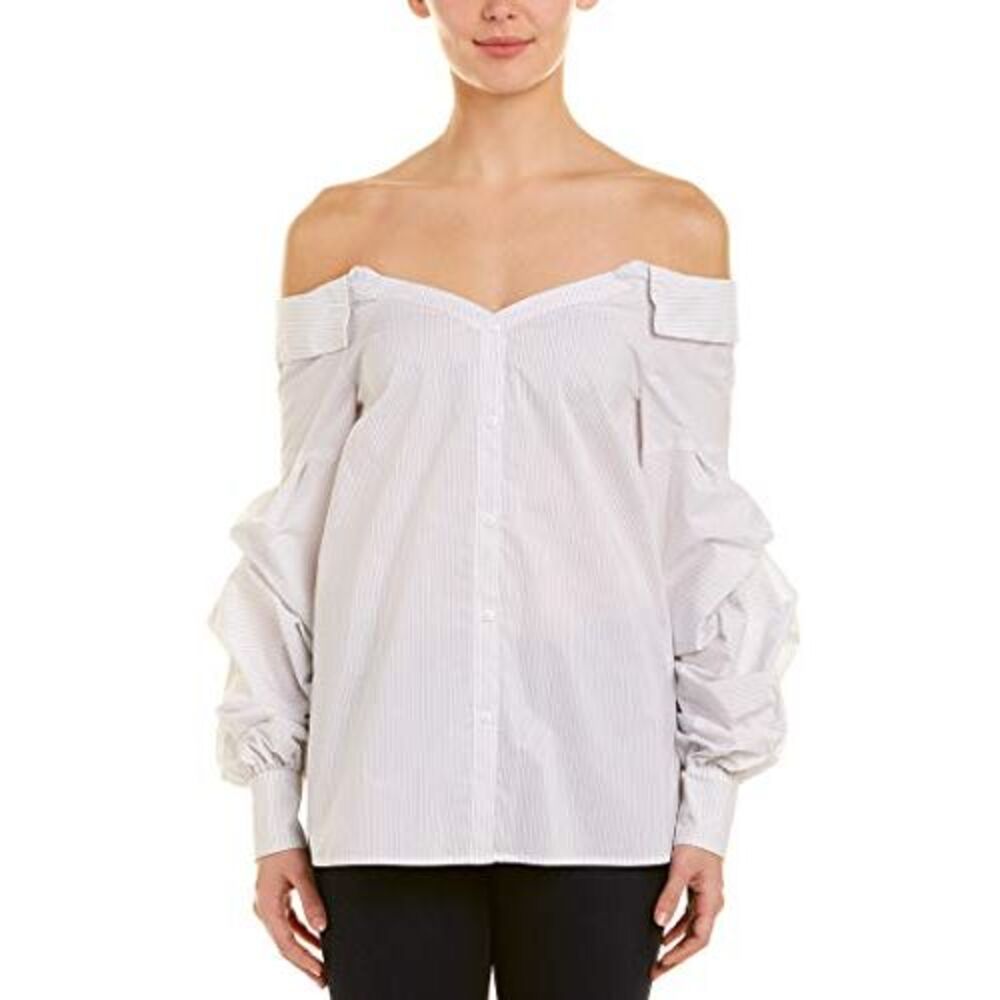1.STATE Womens Striped Off-The-Shoulder Button-Down Top White 10